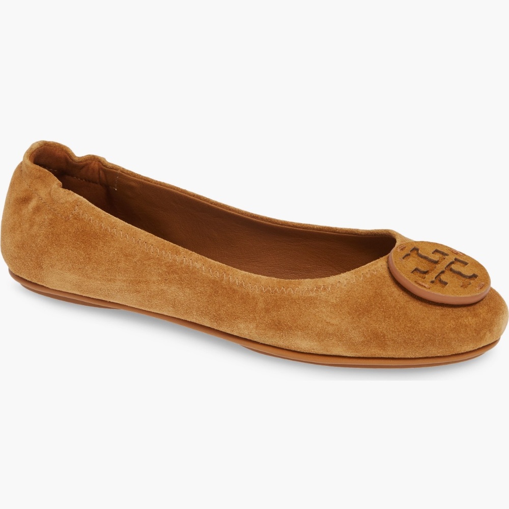 Tory Burch Minnie Travel Ballet Flats – Dark Tiramisu Cognac Suede – Size 9